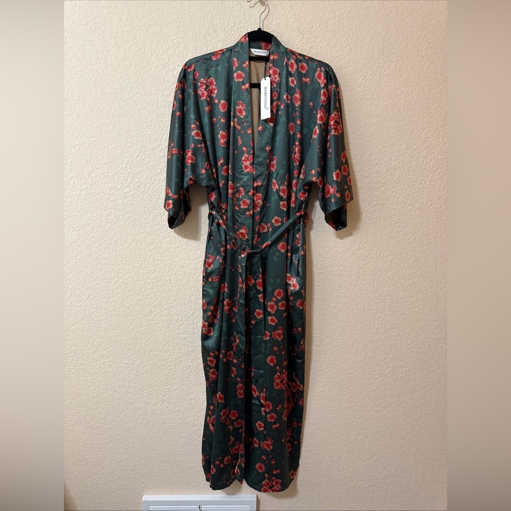 NWT Babeyond Womens Dark Teal Satin Robe Kimono Asian Style Floral Sz L